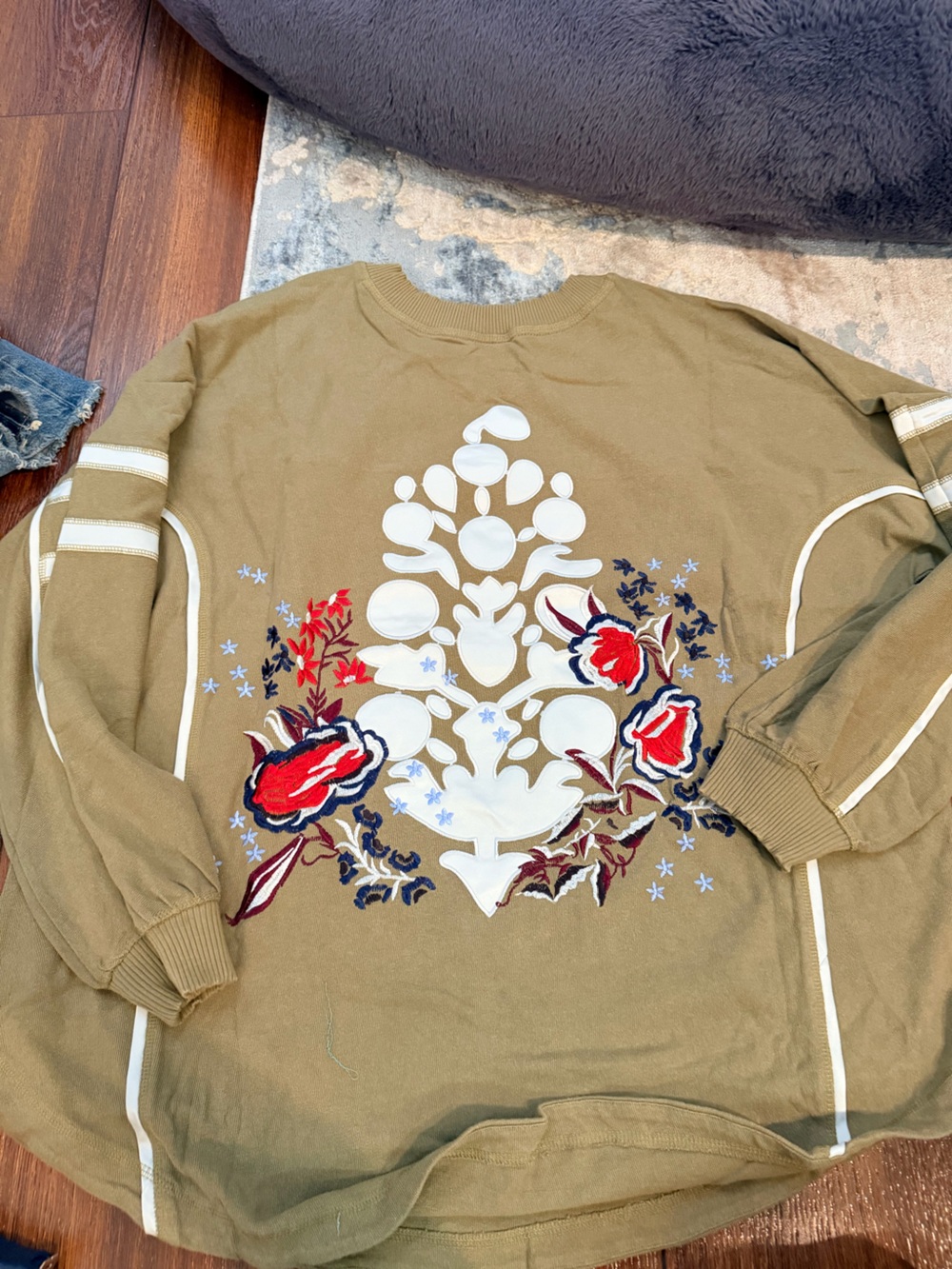 FP Movement by Free People Olive Floral Embroidered Sweatshirt